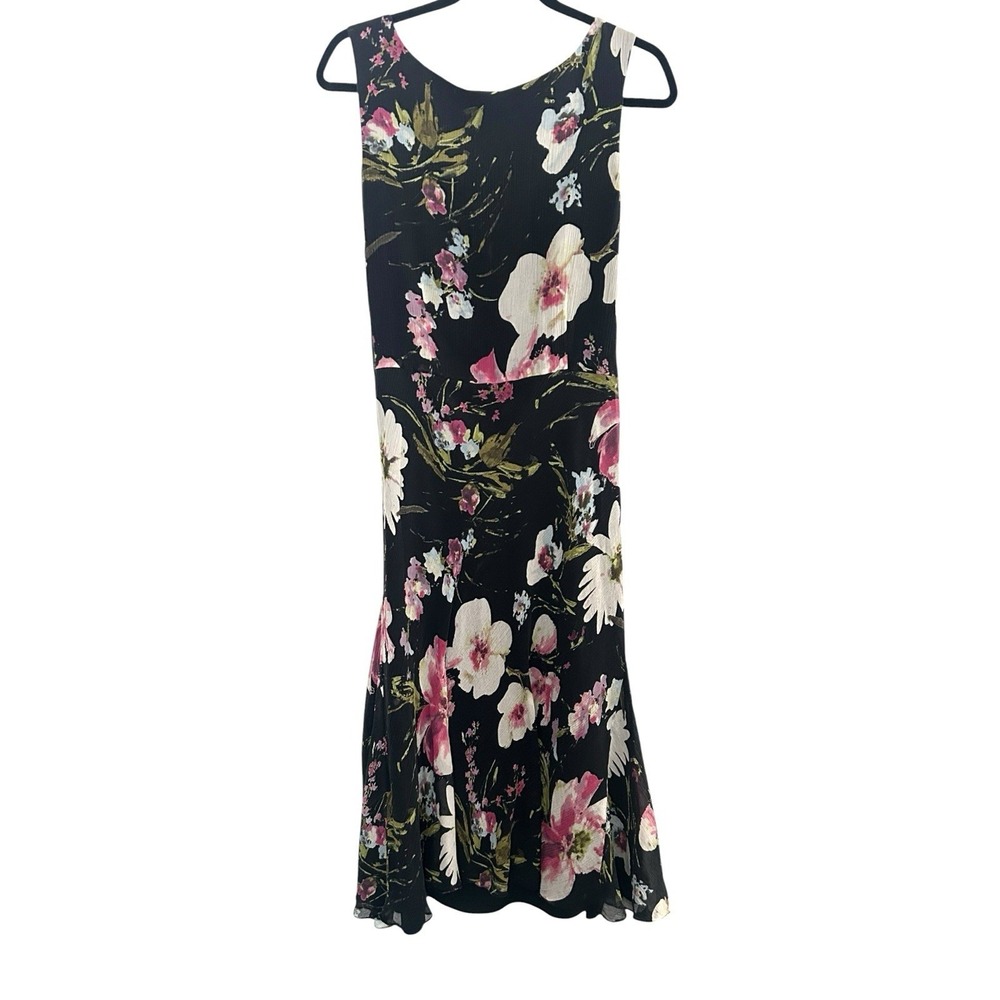 Talbots Pure Silk Midi Dress Womens 14 Black Floral Chiffon Feminine Vintage Y2K